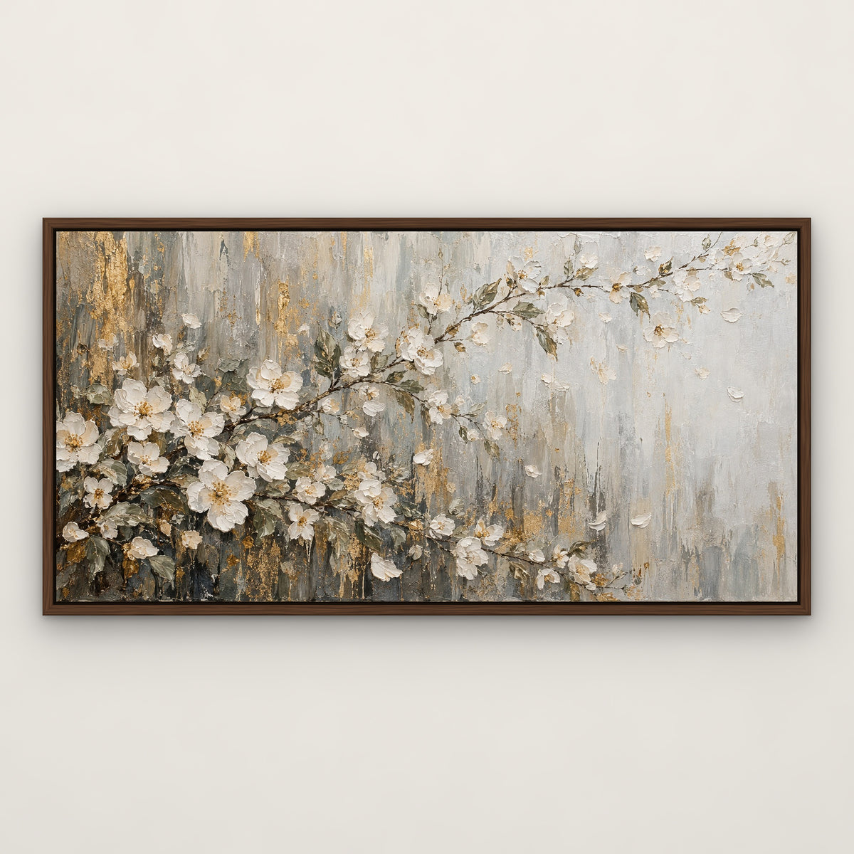 White Blossom Panorama, gold abstract hand-painted canvas wall art in a slim walnut float frame – Gallery 23