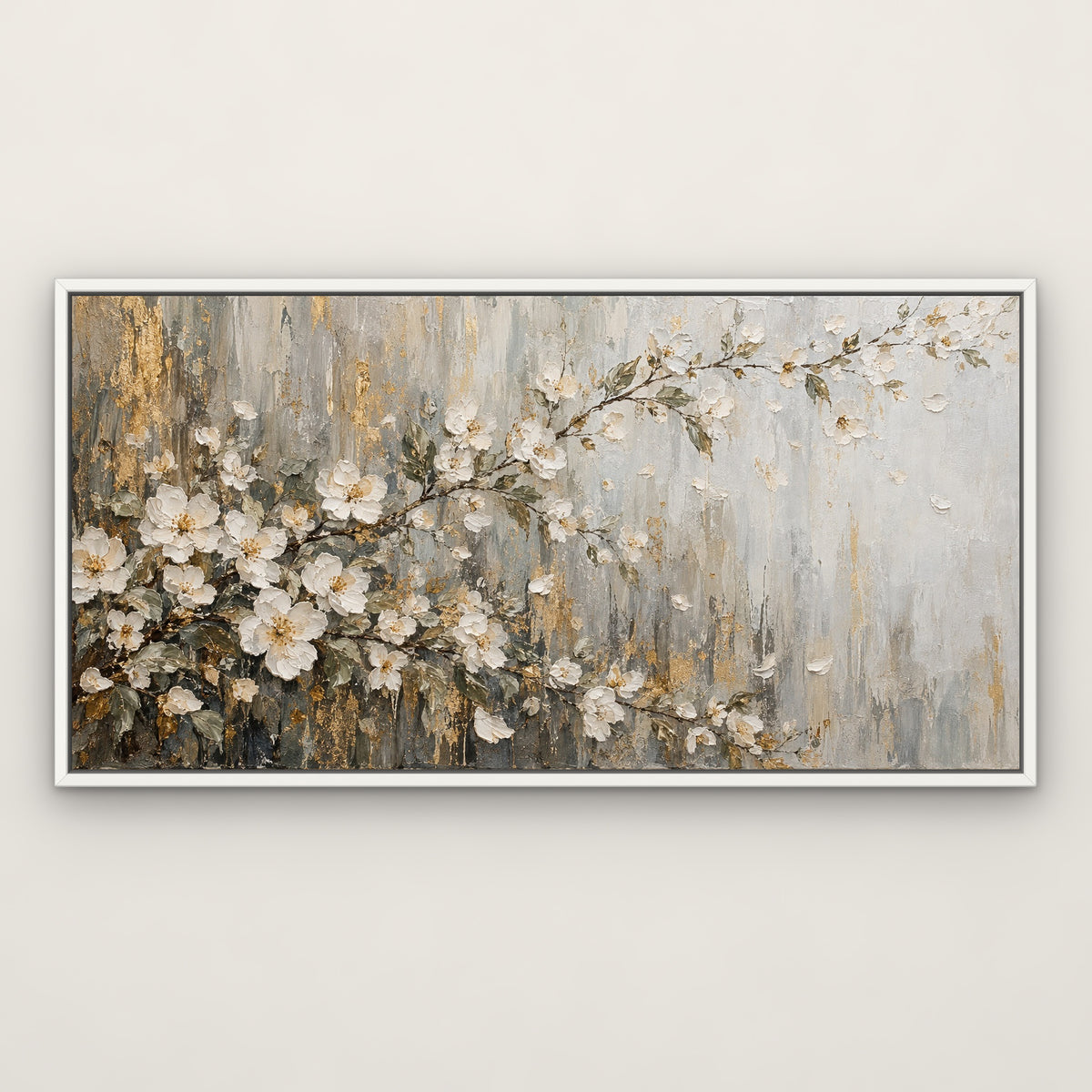 White Blossom Panorama, gold abstract hand-painted canvas wall art in a slim white float frame – Gallery 23