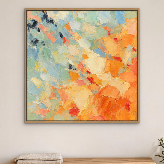 Sunlit Fragments, orange abstract hand-painted canvas wall art in a bedroom – Gallery 23