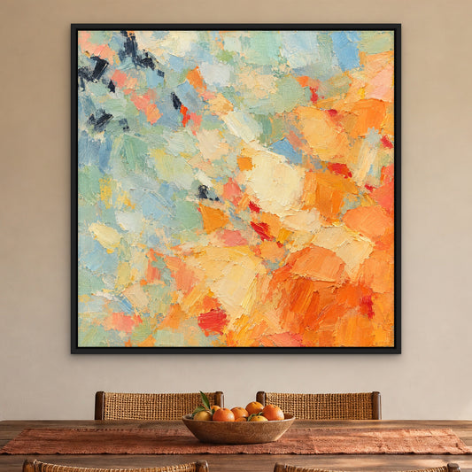 Sunlit Fragments, orange abstract hand-painted canvas wall art in a dining room – Gallery 23