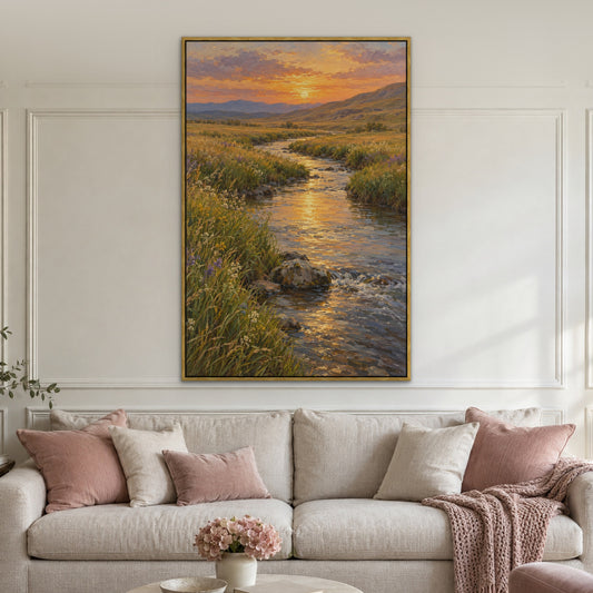 Meadow Stream Valley, blue mountain landscape hand-painted canvas wall art in a living room – Gallery 23