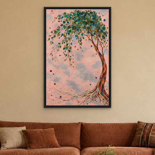 Mosaic Sapling, green botanical hand-painted canvas wall art in a living room – Gallery 23