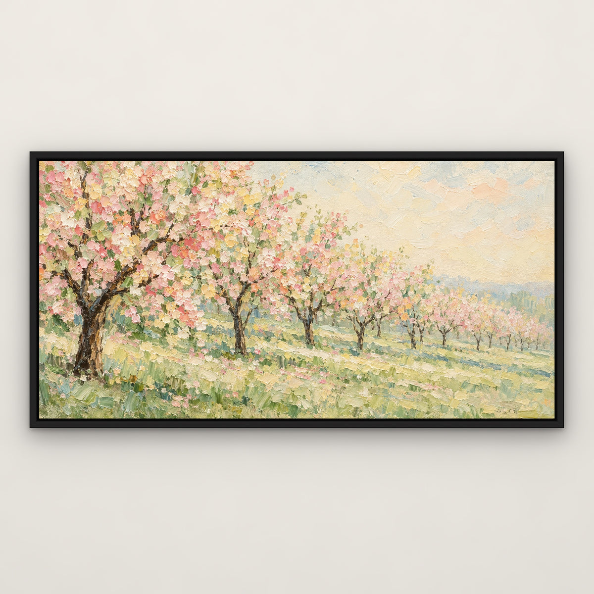Spring Orchard Row, neutral landscape hand-painted canvas wall art in a slim black float frame – Gallery 23