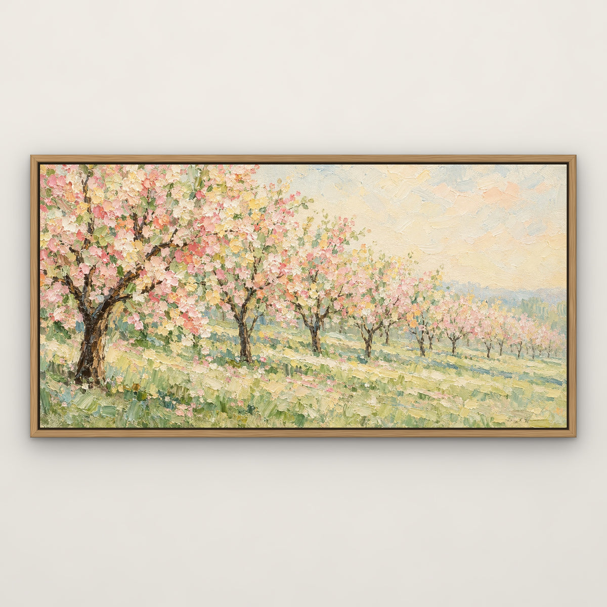 Spring Orchard Row, neutral landscape hand-painted canvas wall art in a slim oak float frame – Gallery 23
