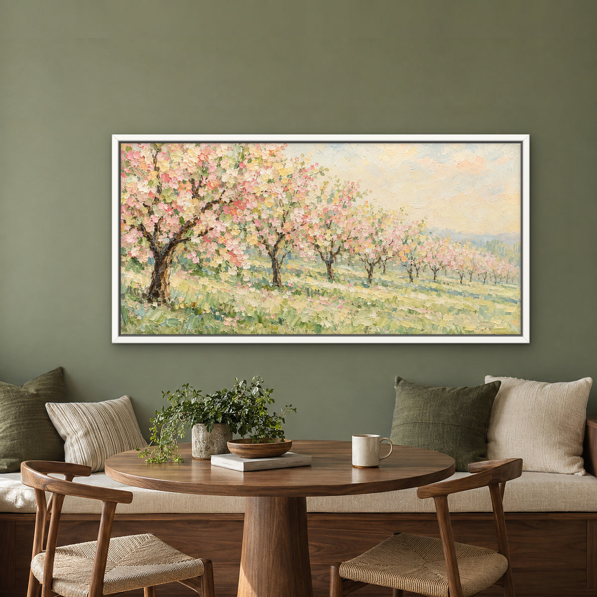 Spring Orchard Row, neutral landscape hand-painted canvas wall art in a kitchen nook – Gallery 23