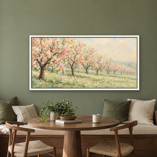 Spring Orchard Row, neutral landscape hand-painted canvas wall art in a kitchen nook – Gallery 23