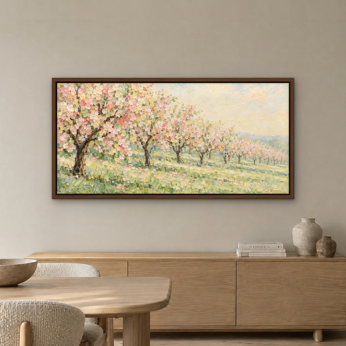 Spring Orchard Row, neutral landscape hand-painted canvas wall art in a dining room – Gallery 23