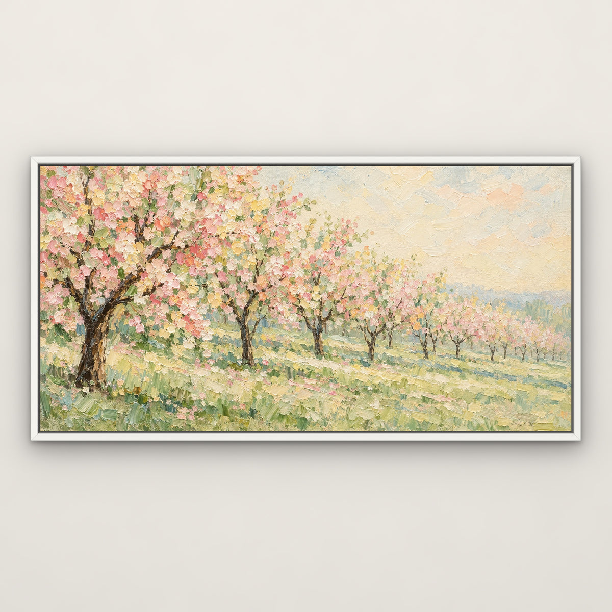 Spring Orchard Row, neutral landscape hand-painted canvas wall art in a slim white float frame – Gallery 23