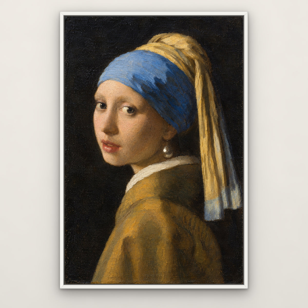 Girl with a Pearl Earring, after Vermeer, portrait hand-painted canvas wall art in a slim white float frame – Gallery 23
