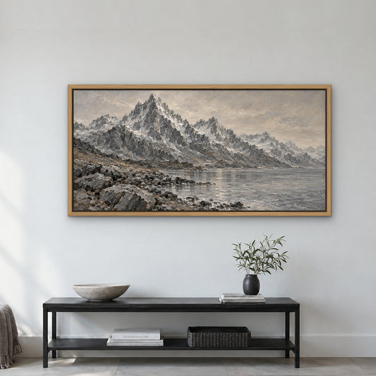 Silver Sierra, black and white mountain landscape hand-painted canvas wall art in a hallway – Gallery 23
