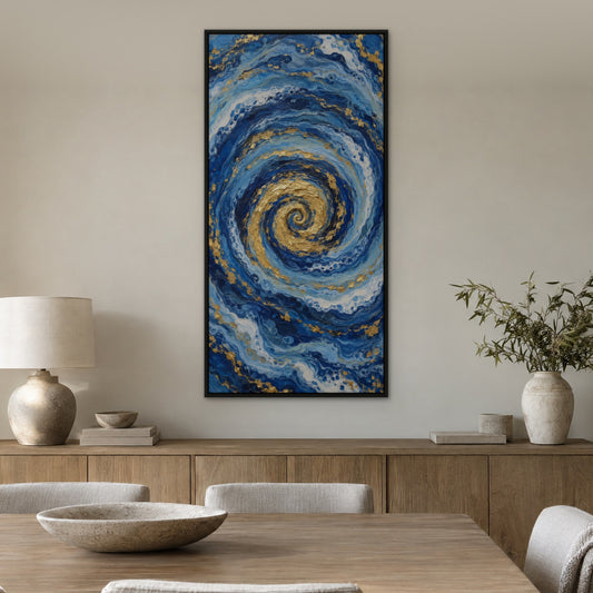 Lapis Gold Swirl, blue abstract hand-painted canvas wall art in a dining room – Gallery 23
