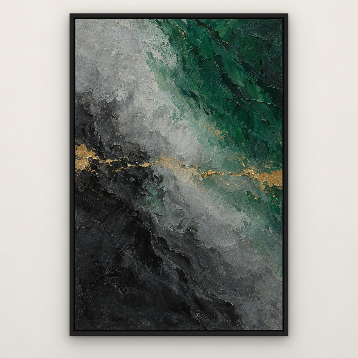 Emerald and Graphite, green abstract hand-painted canvas wall art in a slim black float frame – Gallery 23