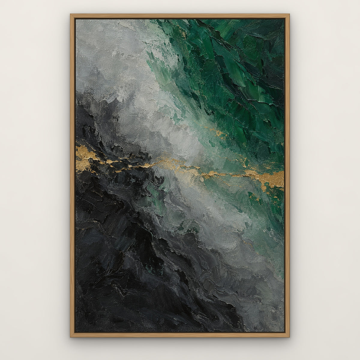 Emerald and Graphite, green abstract hand-painted canvas wall art in a slim oak float frame – Gallery 23