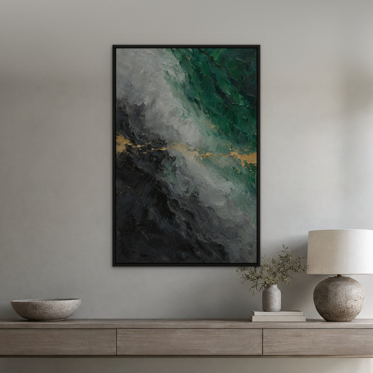 Emerald and Graphite, green abstract hand-painted canvas wall art in a hallway – Gallery 23