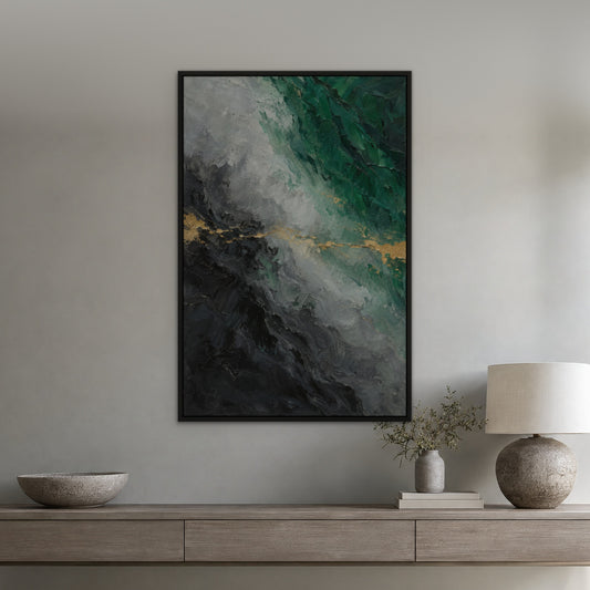 Emerald and Graphite, green abstract hand-painted canvas wall art in a hallway – Gallery 23