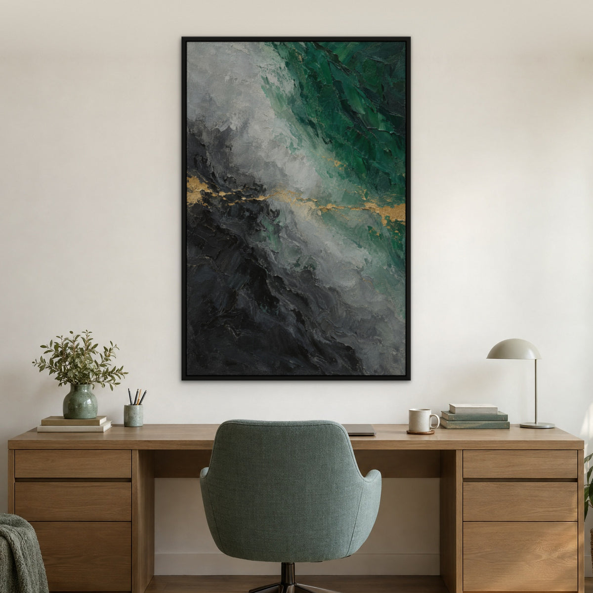 Emerald and Graphite, green abstract hand-painted canvas wall art in a home office – Gallery 23