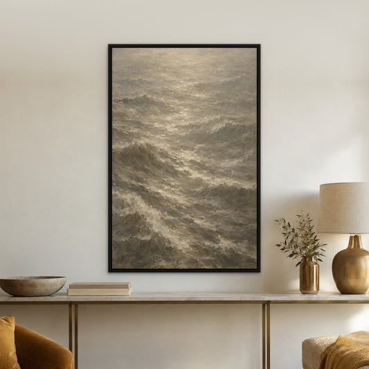 Sepia Sea Mist, brown abstract hand-painted canvas wall art in a hallway – Gallery 23
