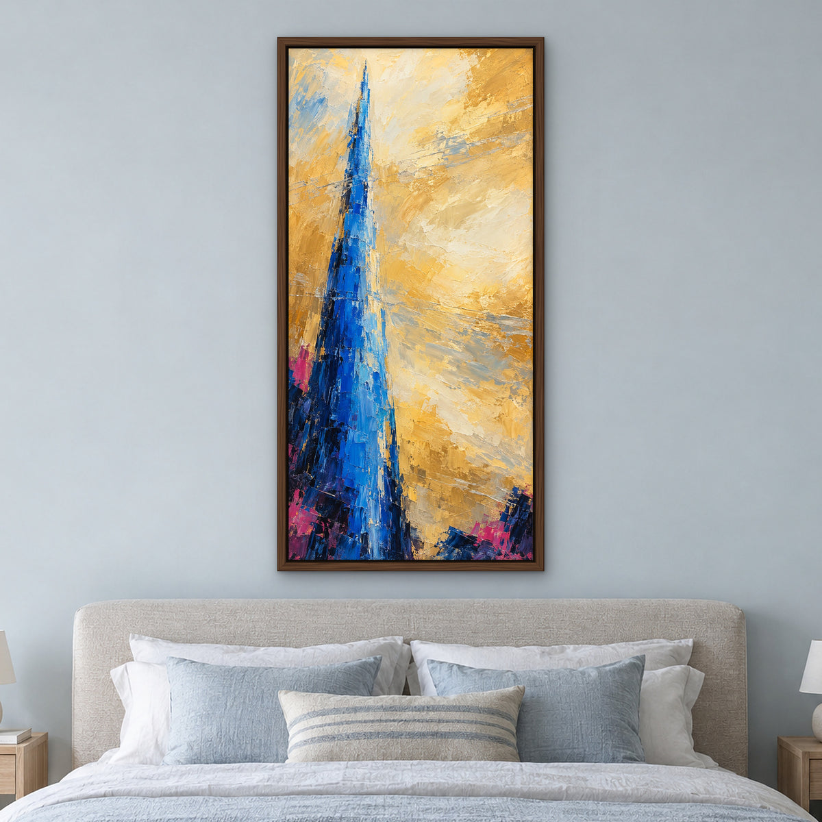 Electric Blue Column, colourful abstract hand-painted canvas wall art in a bedroom – Gallery 23