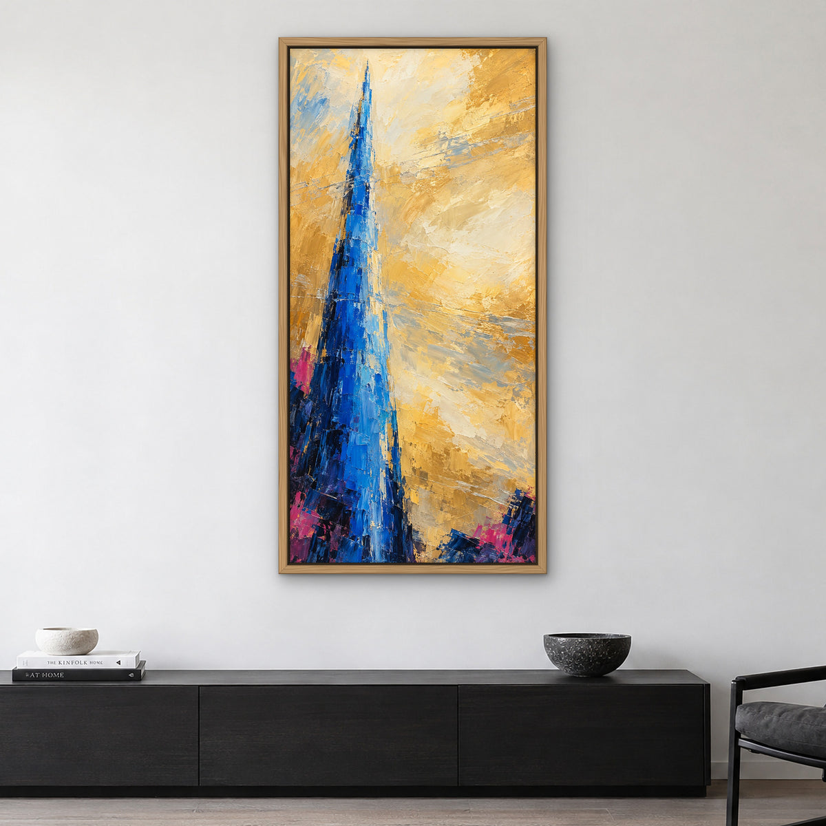 Electric Blue Column, colourful abstract hand-painted canvas wall art in a living room – Gallery 23