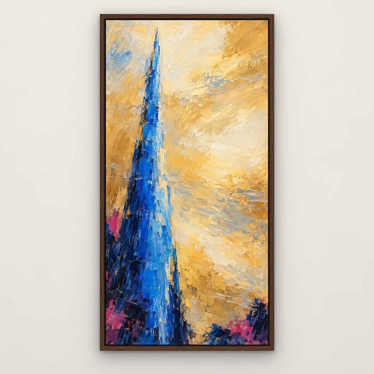 Electric Blue Column, colourful abstract hand-painted canvas wall art in a slim walnut float frame – Gallery 23