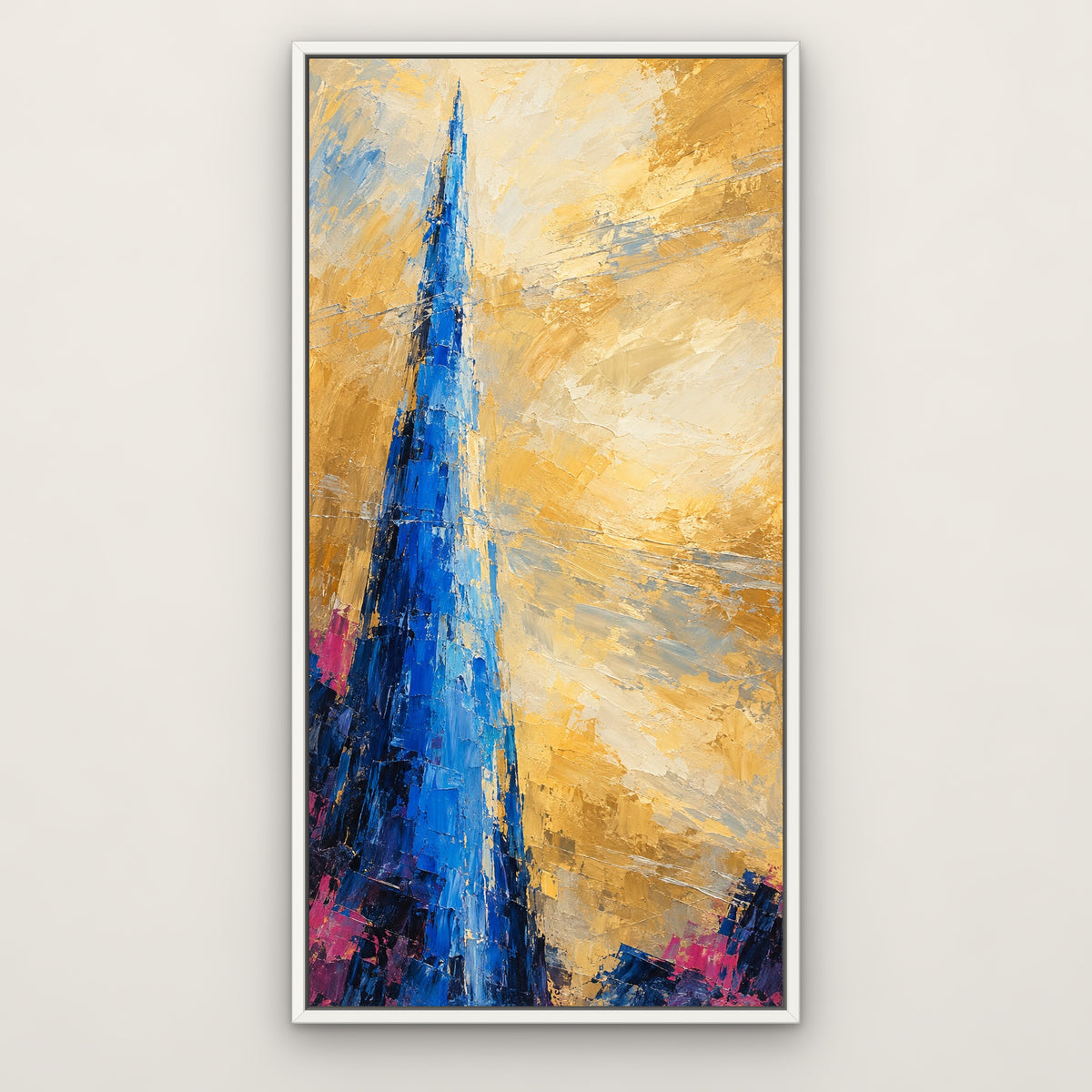 Electric Blue Column, colourful abstract hand-painted canvas wall art in a slim white float frame – Gallery 23