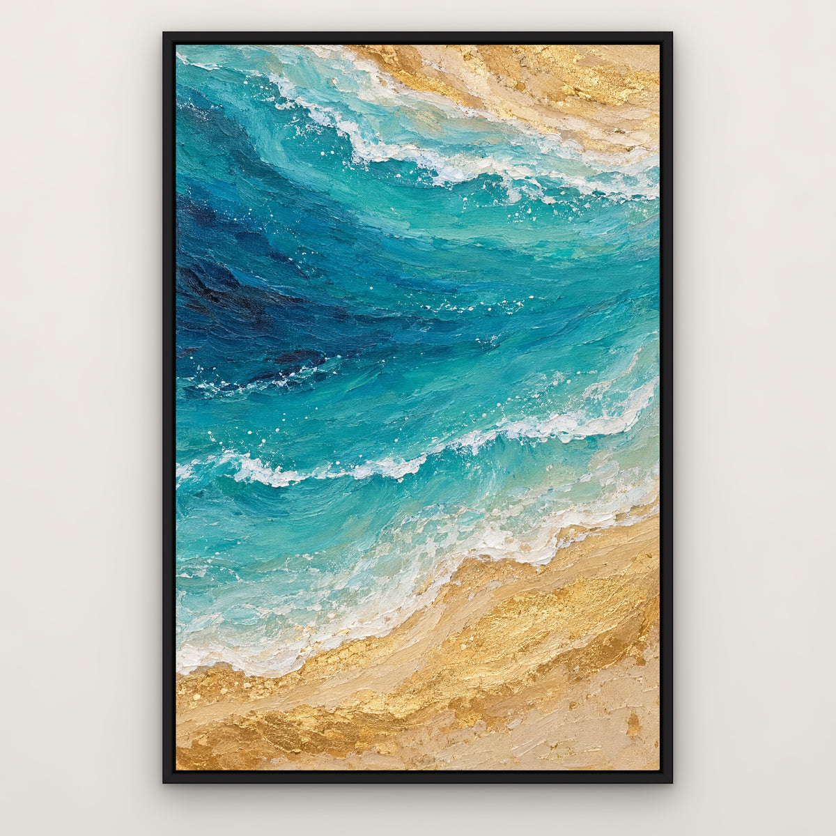 Ocean Agate Gold, blue abstract hand-painted canvas wall art in a slim black float frame – Gallery 23