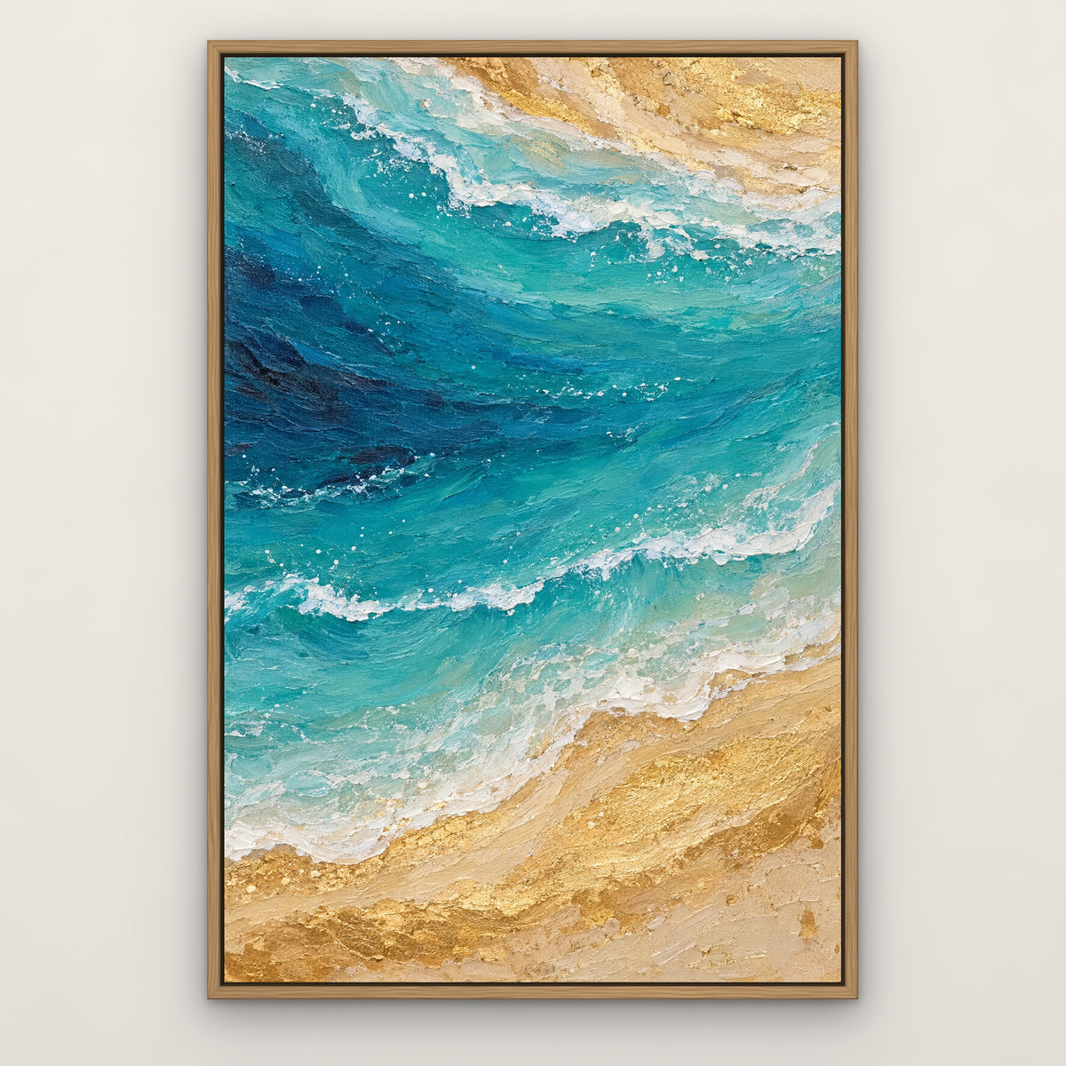 Ocean Agate Gold, blue abstract hand-painted canvas wall art in a slim oak float frame – Gallery 23