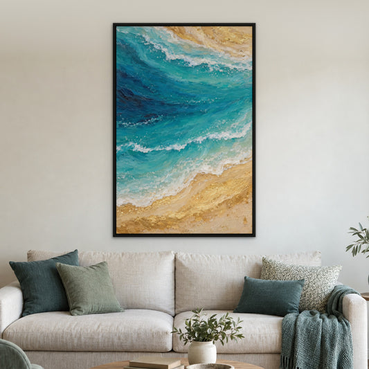 Ocean Agate Gold, blue abstract hand-painted canvas wall art in a living room – Gallery 23