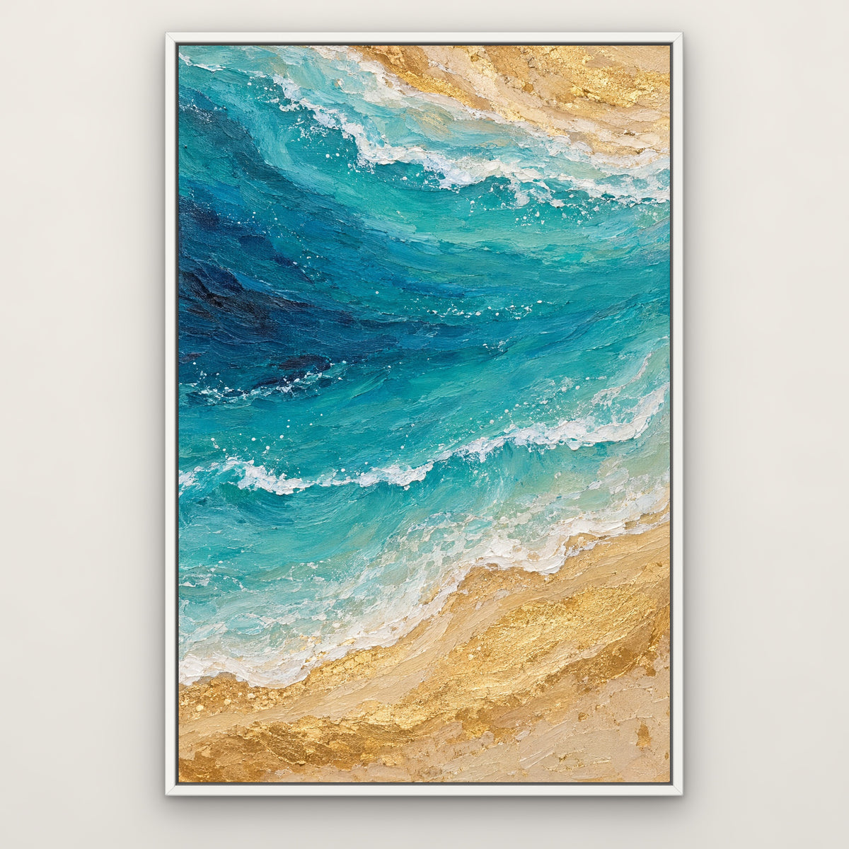 Ocean Agate Gold, blue abstract hand-painted canvas wall art in a slim white float frame – Gallery 23