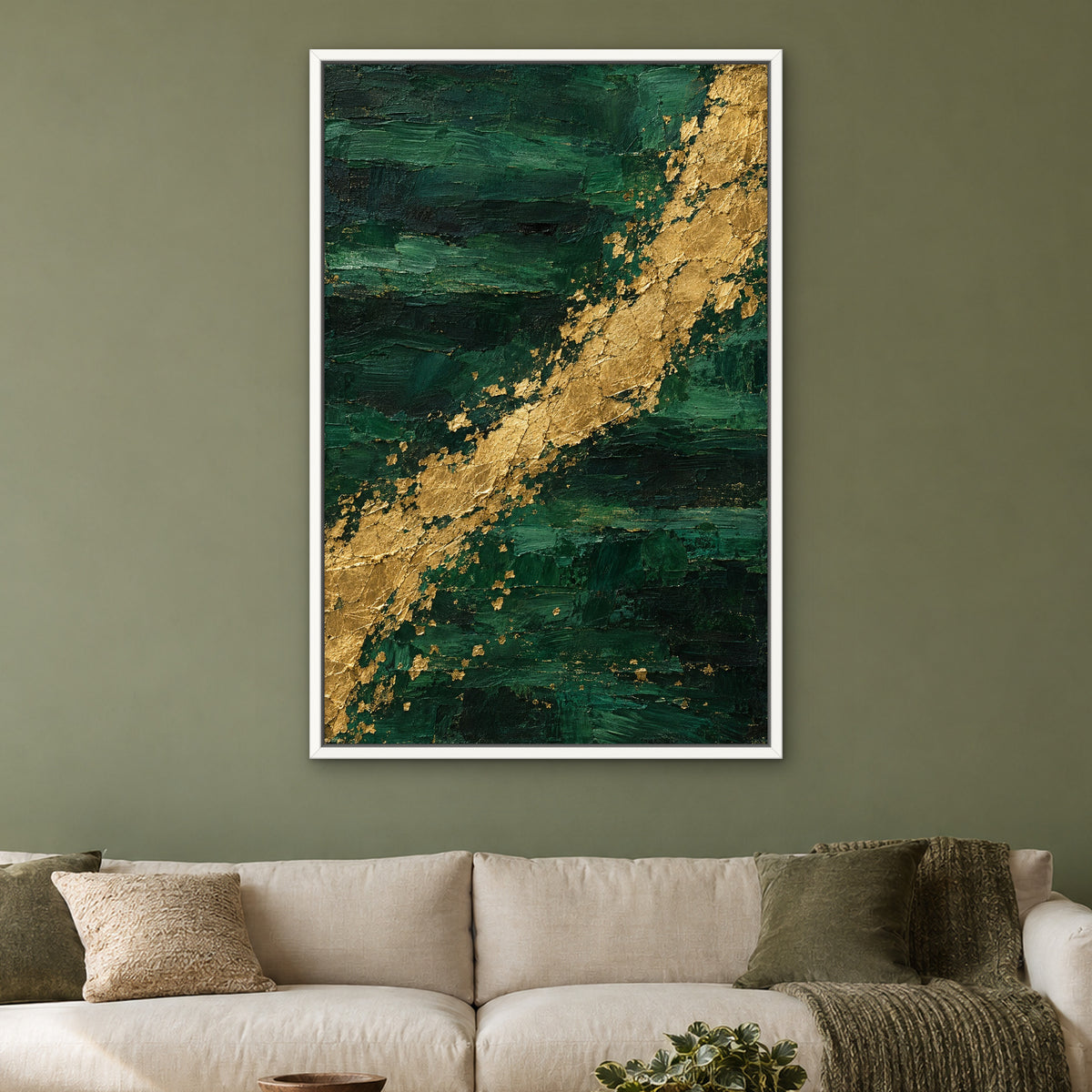 Emerald and Gold, teal abstract hand-painted canvas wall art in a living room – Gallery 23