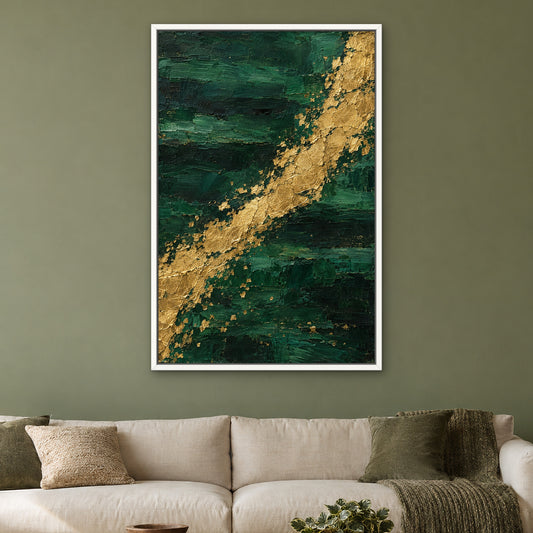 Emerald and Gold, teal abstract hand-painted canvas wall art in a living room – Gallery 23