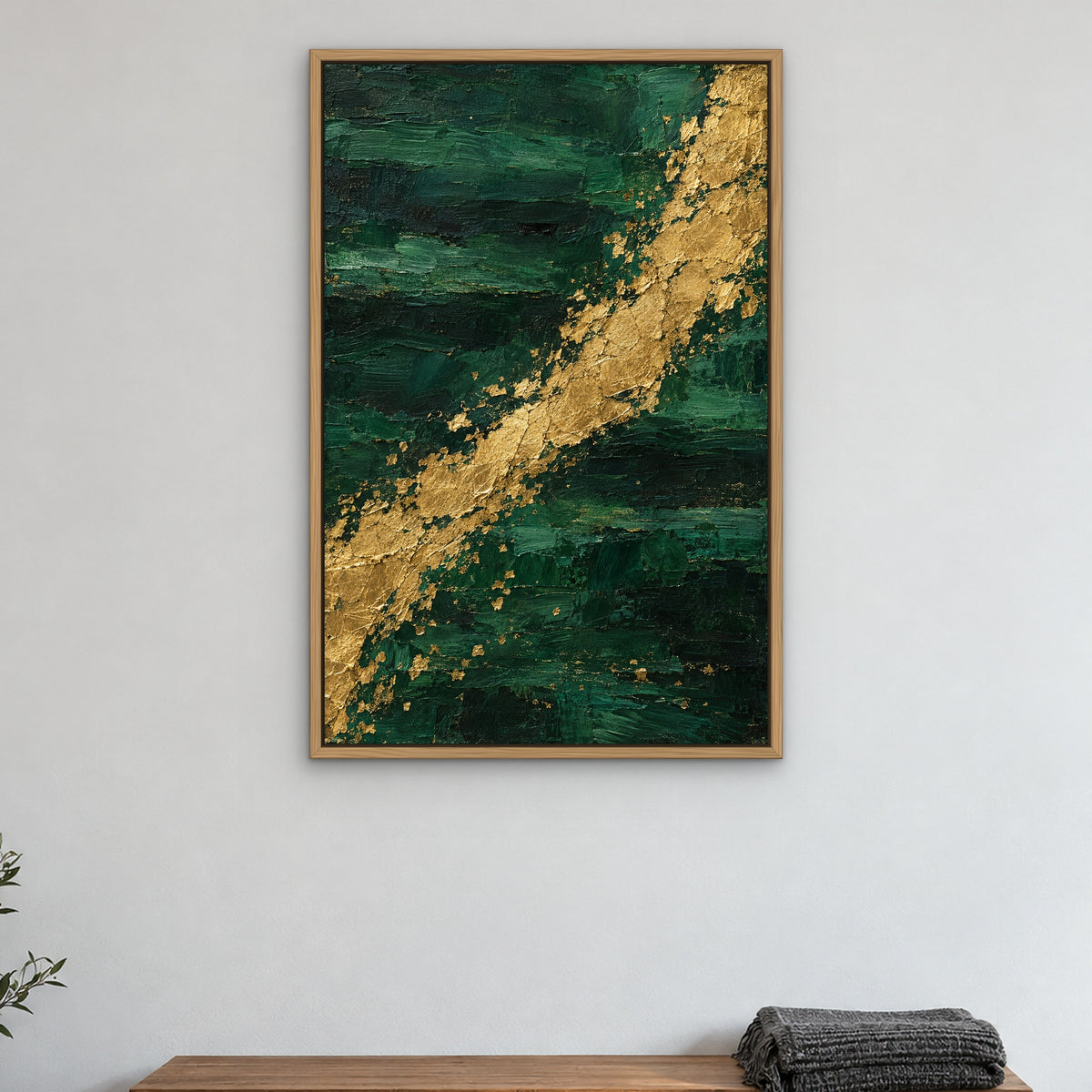 Emerald and Gold, teal abstract hand-painted canvas wall art in a bedroom – Gallery 23