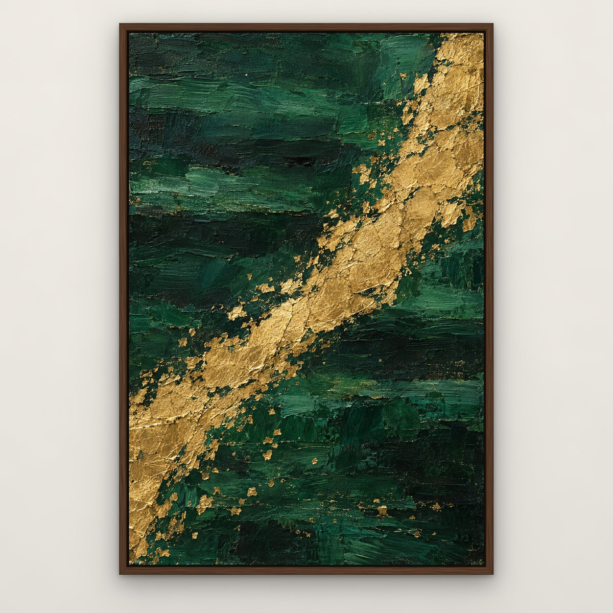 Emerald and Gold, teal abstract hand-painted canvas wall art in a slim walnut float frame – Gallery 23