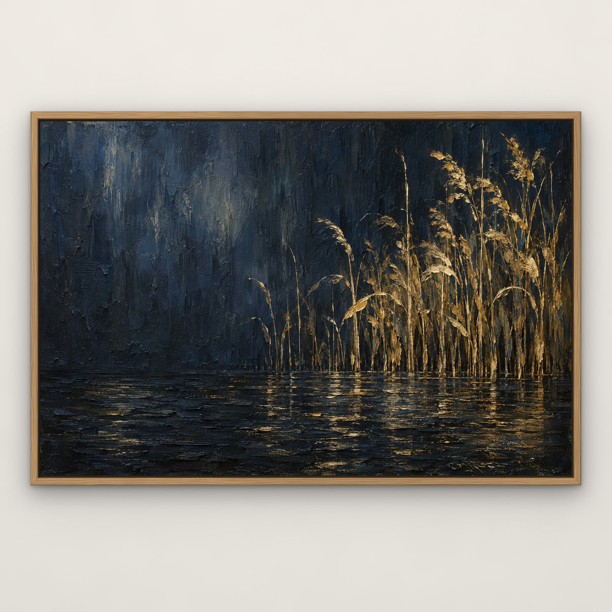 Gold Reeds at Night, black and white abstract hand-painted canvas wall art in a slim oak float frame – Gallery 23