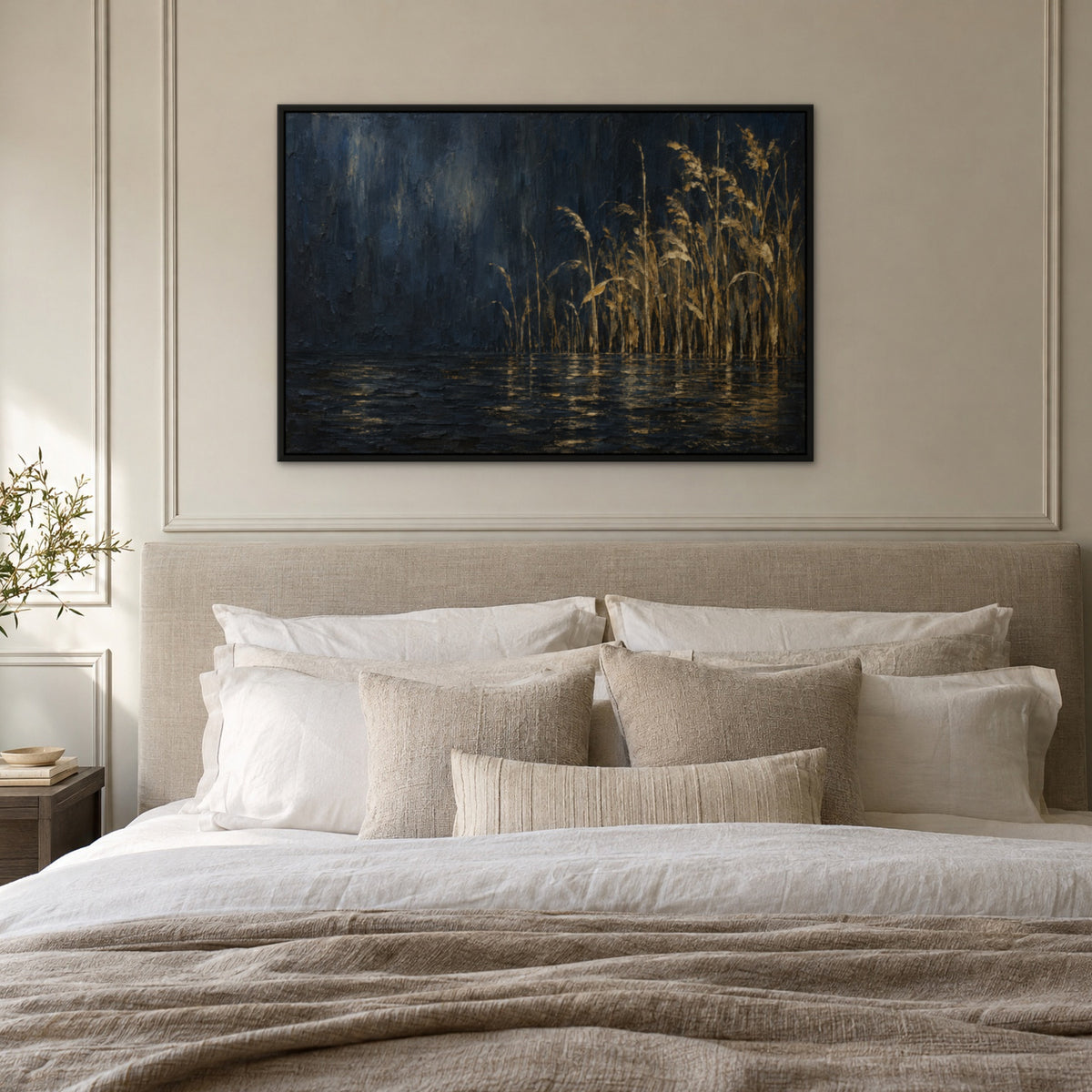 Gold Reeds at Night, black and white abstract hand-painted canvas wall art in a bedroom – Gallery 23