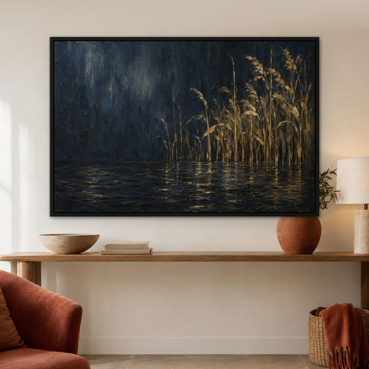 Gold Reeds at Night, black and white abstract hand-painted canvas wall art in a hallway – Gallery 23