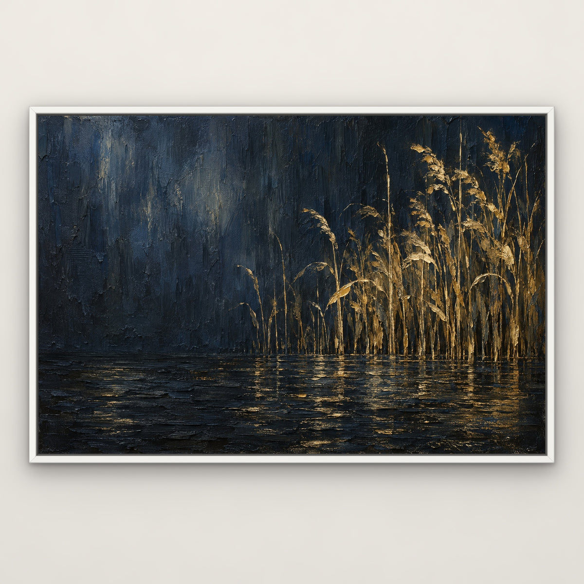 Gold Reeds at Night, black and white abstract hand-painted canvas wall art in a slim white float frame – Gallery 23