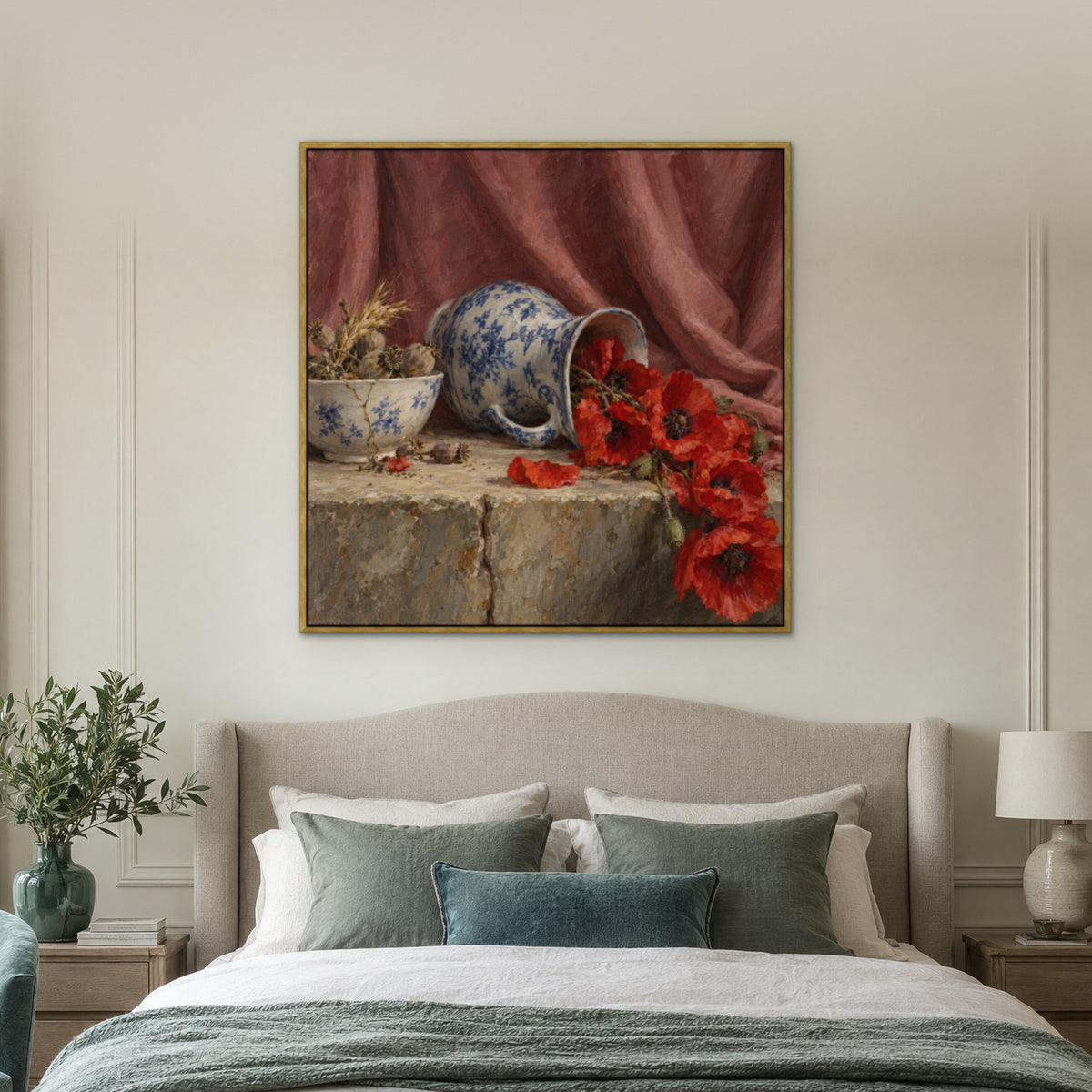 Poppies and Porcelain, blue floral hand-painted canvas wall art in a bedroom – Gallery 23