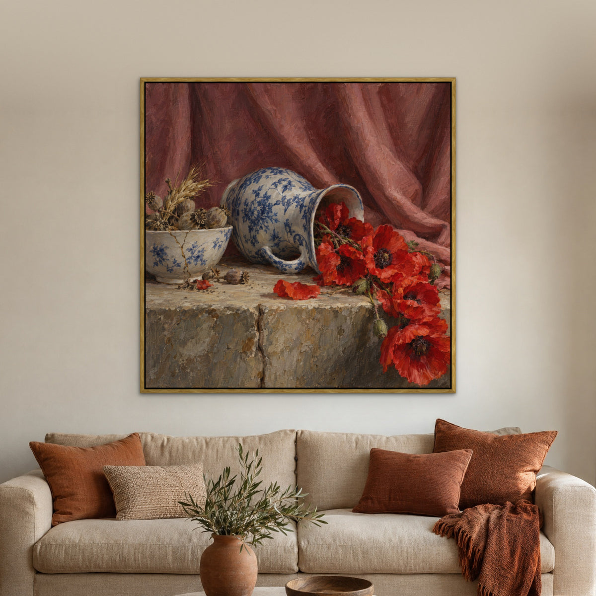 Poppies and Porcelain, blue floral hand-painted canvas wall art in a living room – Gallery 23