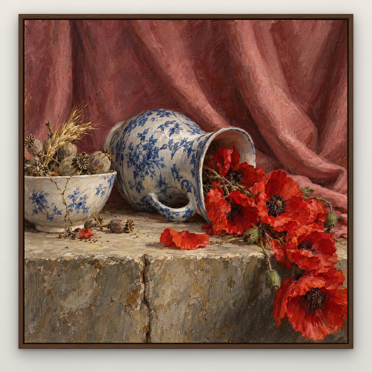 Poppies and Porcelain, blue floral hand-painted canvas wall art in a slim walnut float frame – Gallery 23