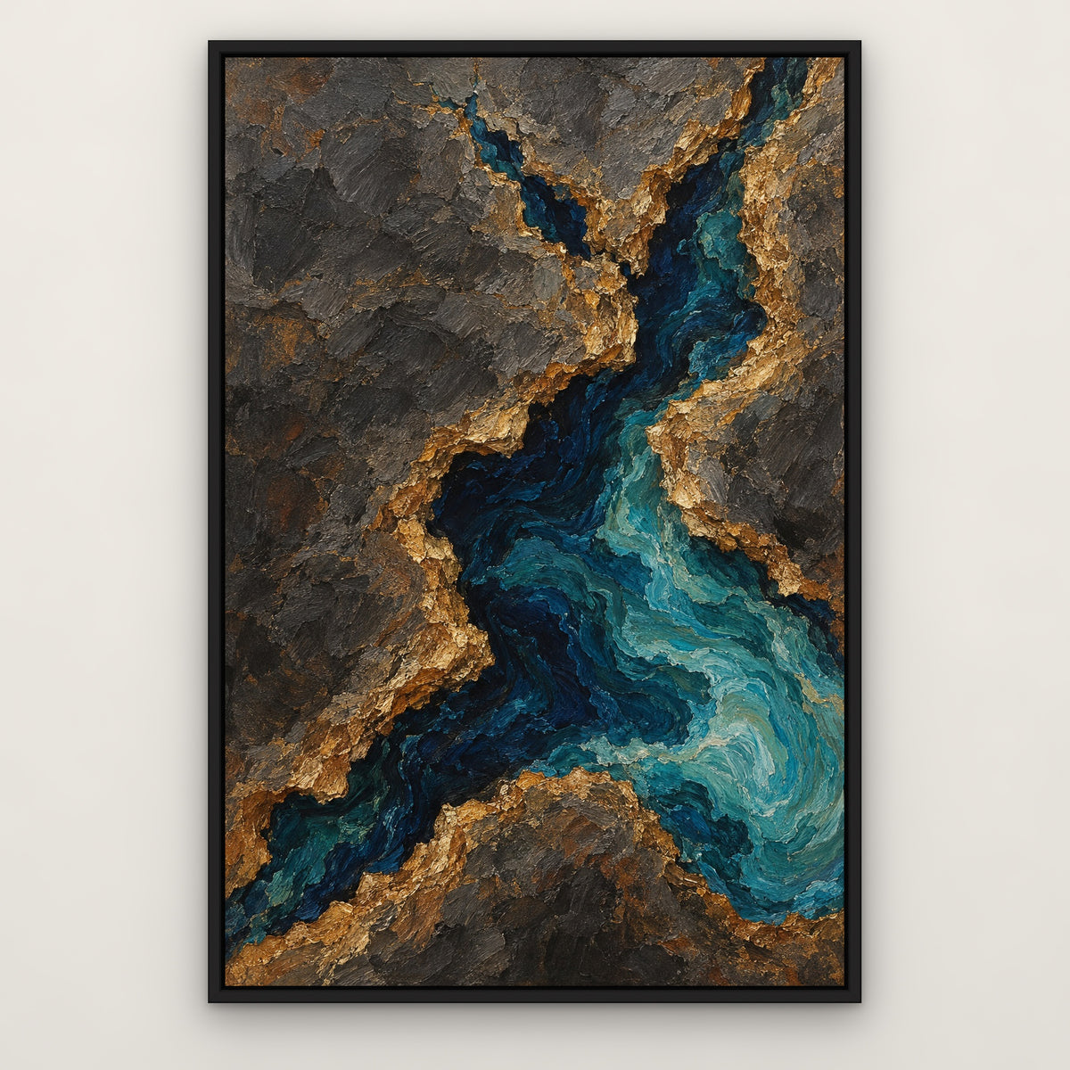 Abyss Geode, blue abstract hand-painted canvas wall art in a slim black float frame – Gallery 23