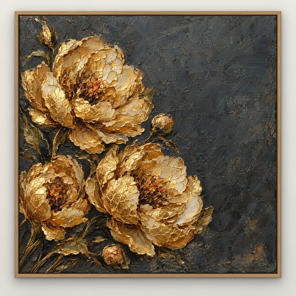 Golden Peony Relief, grey floral hand-painted canvas wall art in a slim oak float frame – Gallery 23