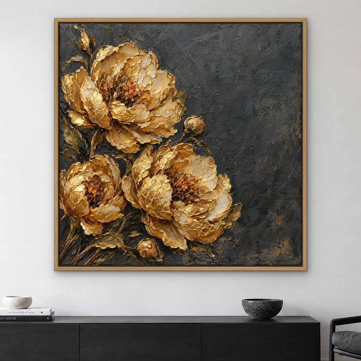Golden Peony Relief, grey floral hand-painted canvas wall art in a living room – Gallery 23