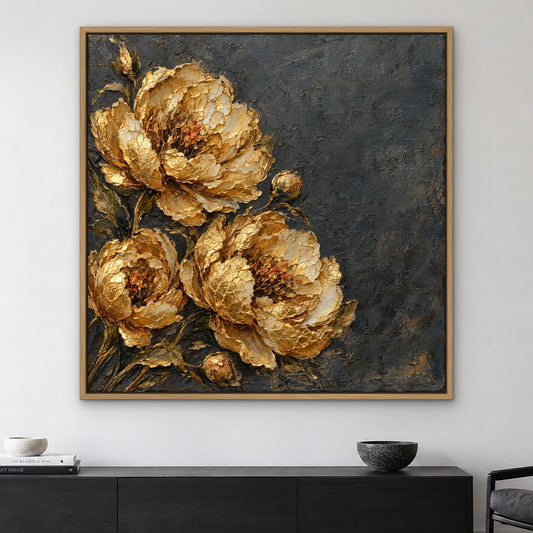 Golden Peony Relief, grey floral hand-painted canvas wall art in a living room – Gallery 23