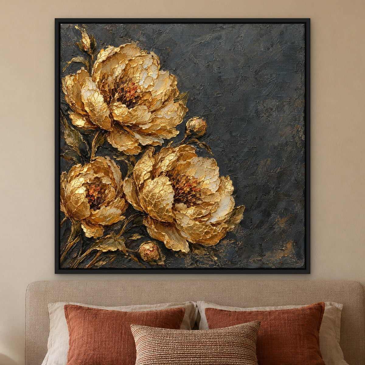 Golden Peony Relief, grey floral hand-painted canvas wall art in a bedroom – Gallery 23