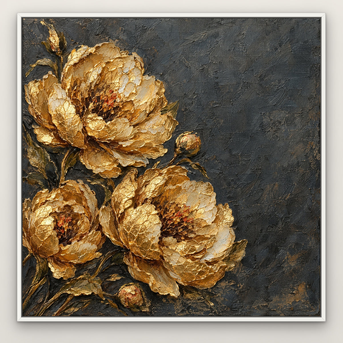 Golden Peony Relief, grey floral hand-painted canvas wall art in a slim white float frame – Gallery 23
