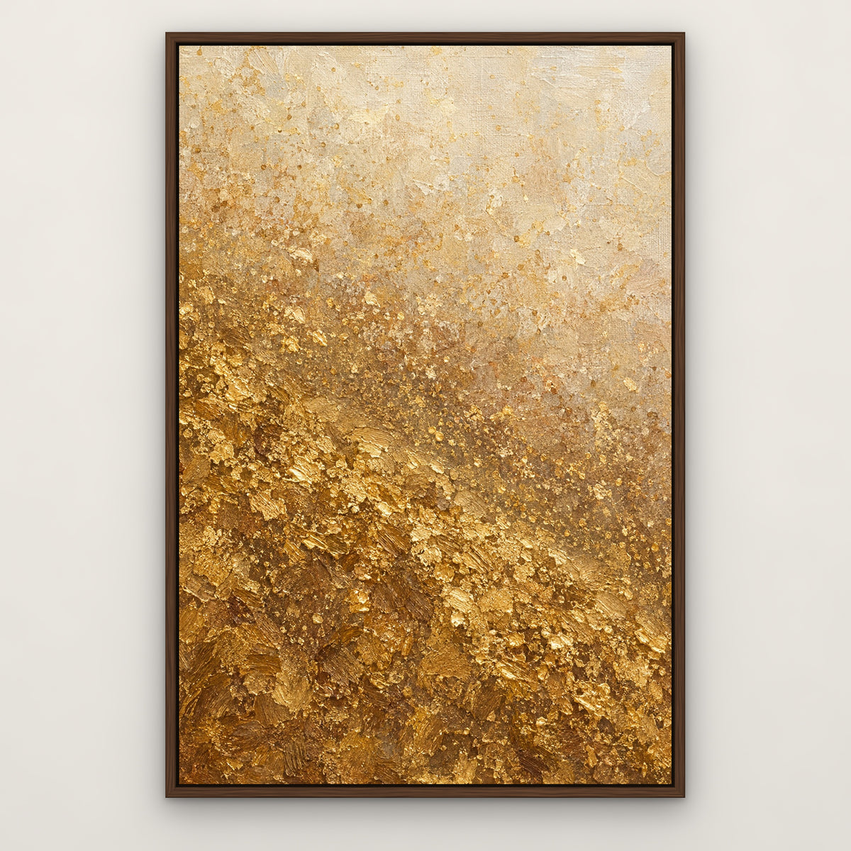 Golden Glitter Field, neutral abstract hand-painted canvas wall art in a slim walnut float frame – Gallery 23