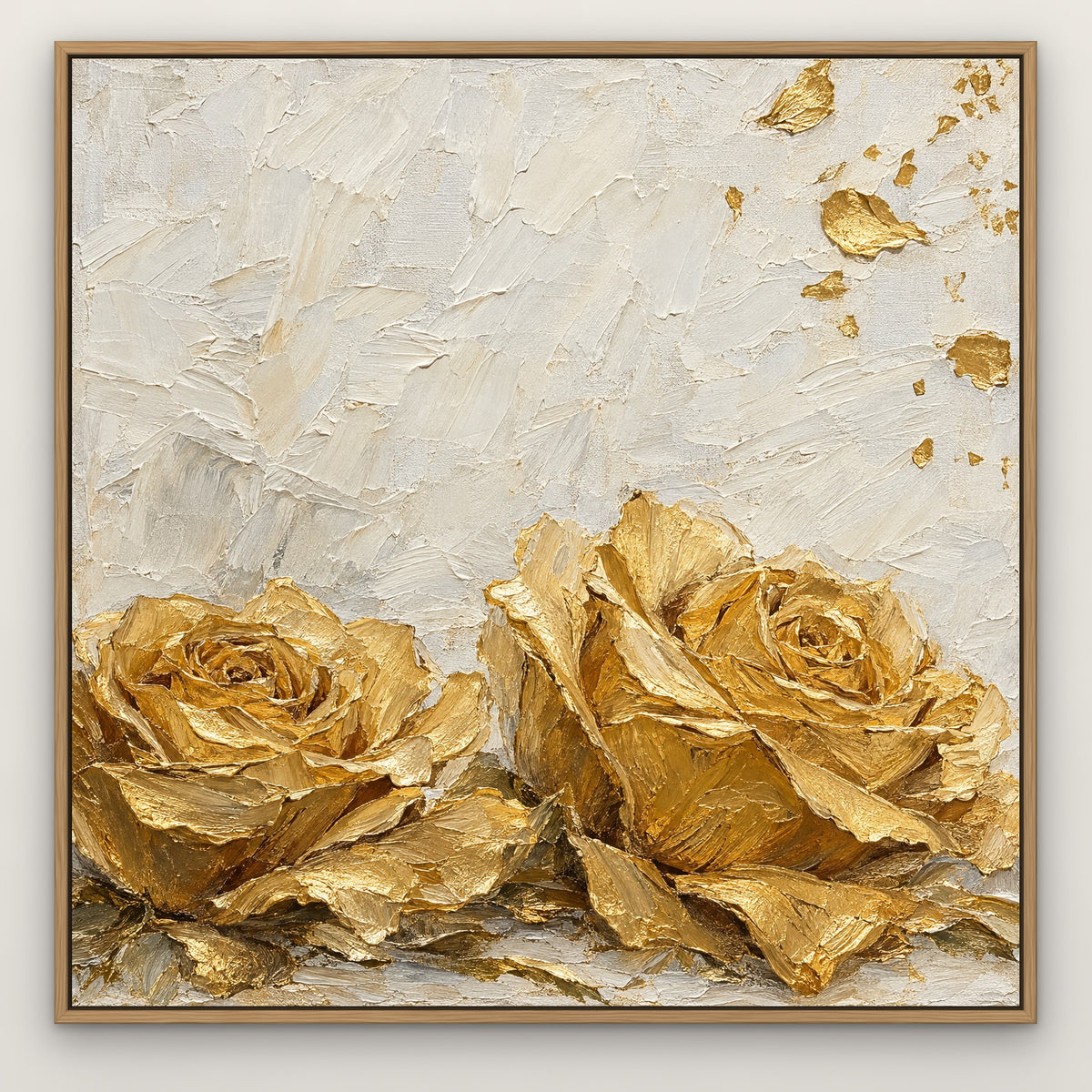 Golden Rose Swirl, neutral abstract hand-painted canvas wall art in a slim oak float frame – Gallery 23
