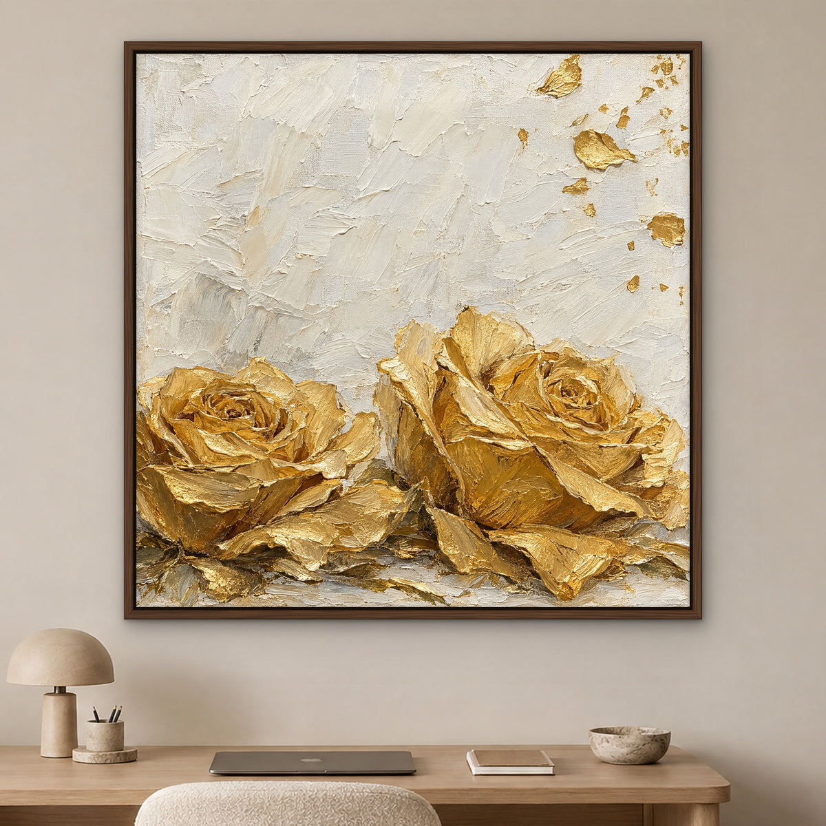 Golden Rose Swirl, neutral abstract hand-painted canvas wall art in a home office – Gallery 23