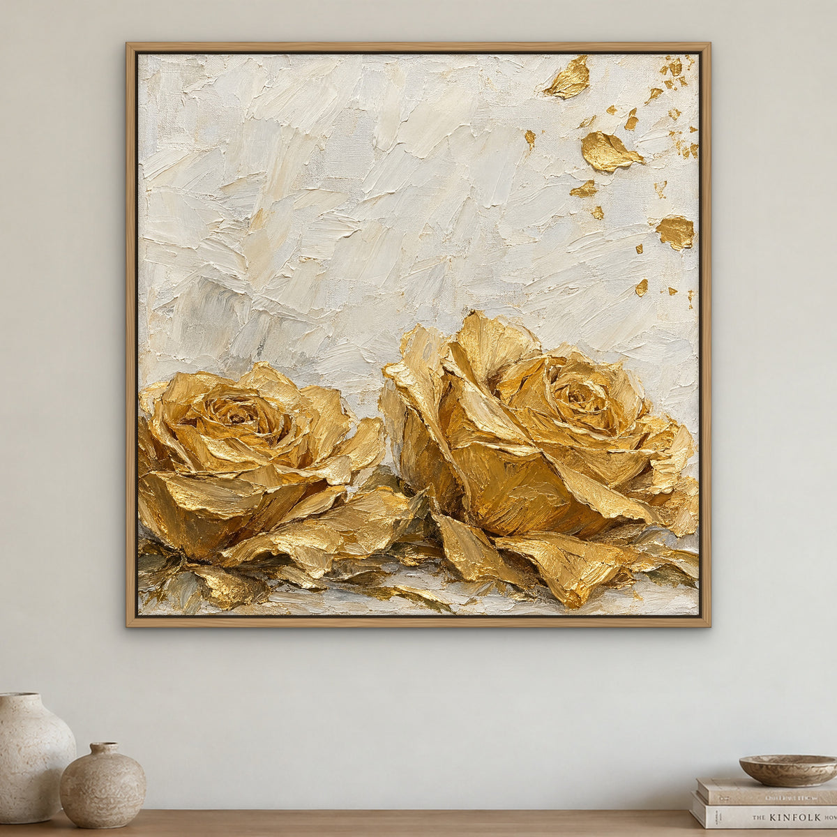 Golden Rose Swirl, neutral abstract hand-painted canvas wall art in a dining room – Gallery 23